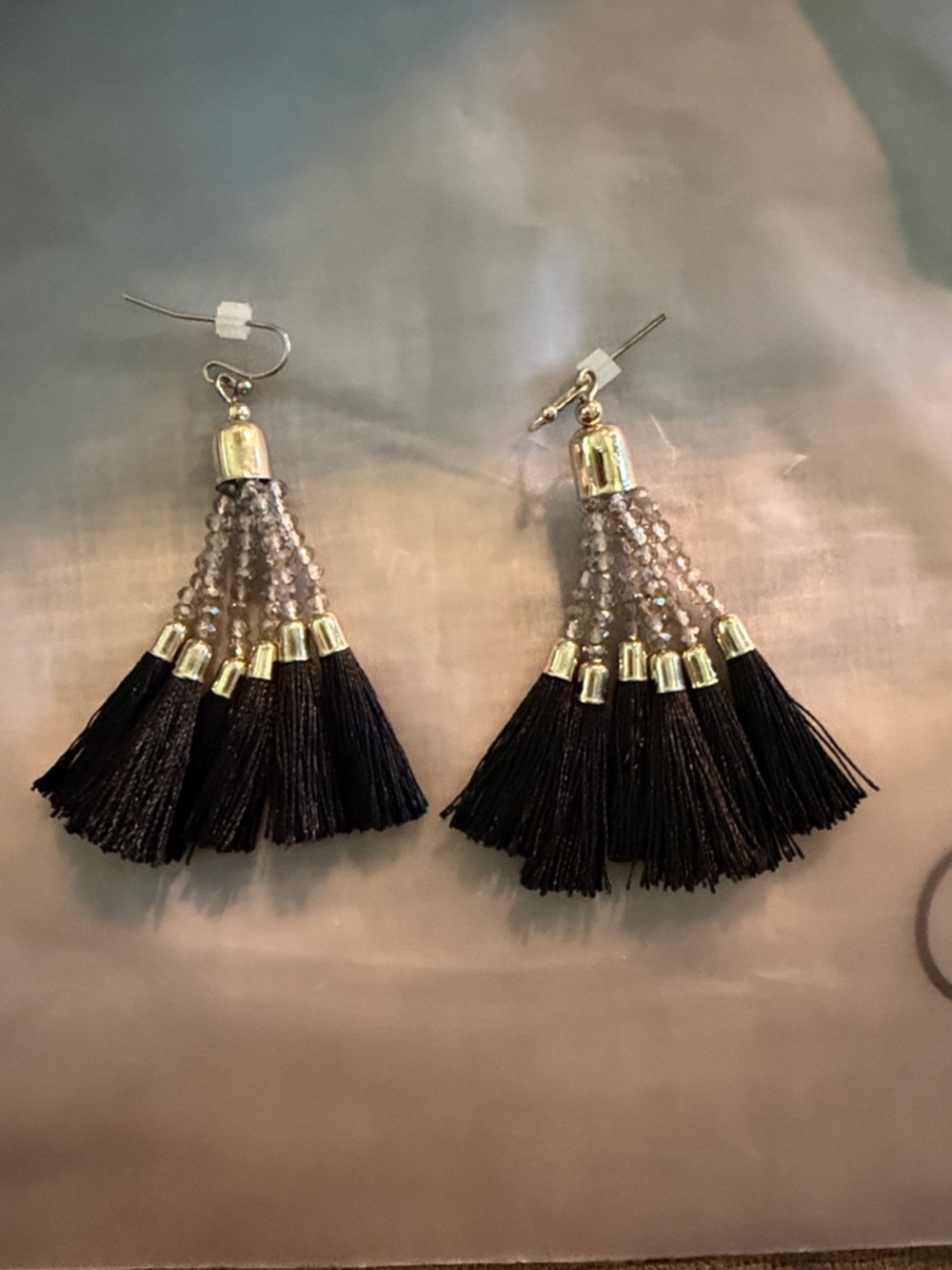 Tassel Drop Earrings with Black Fringe and Gold Accents